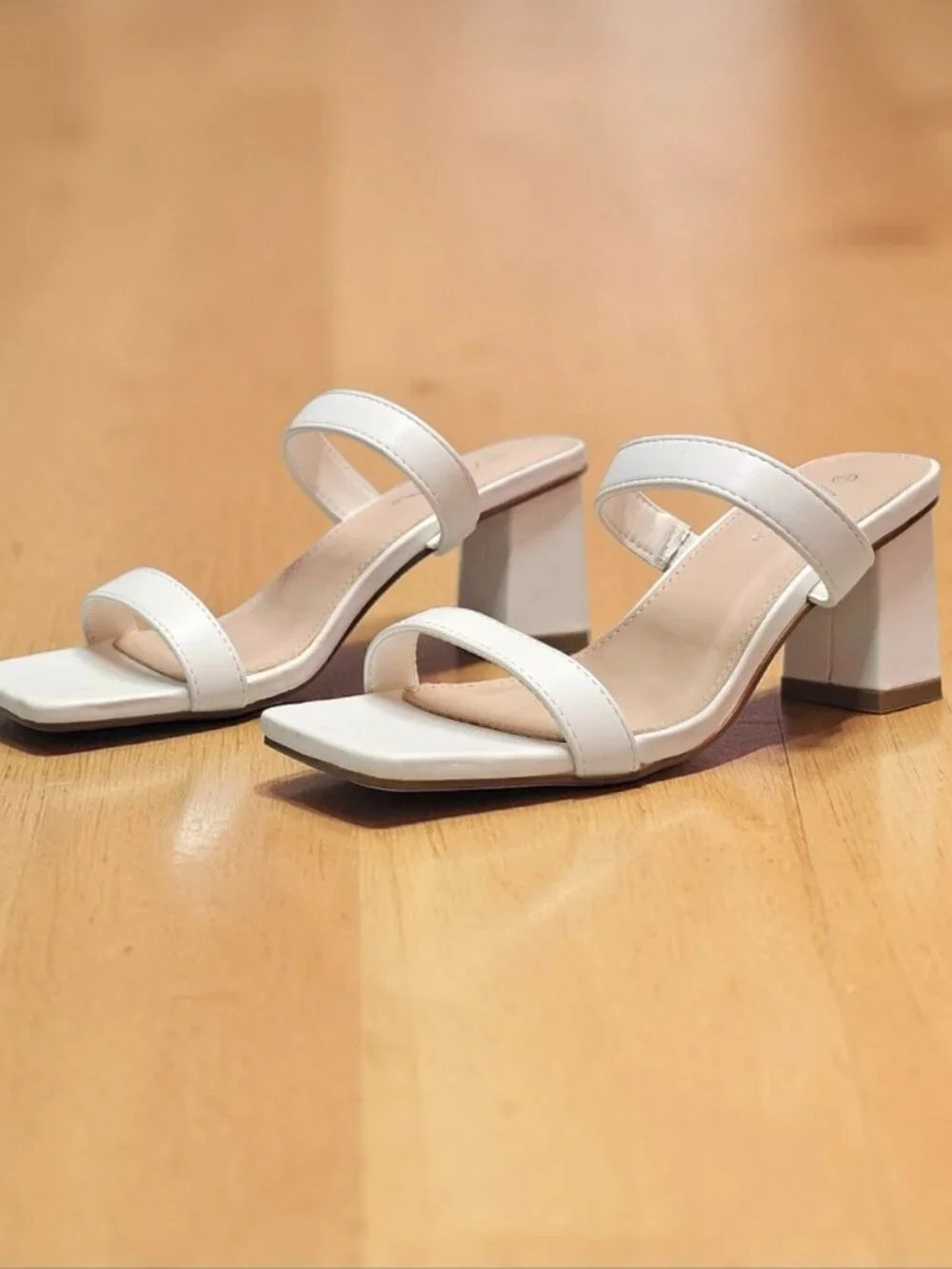 White Faux Leather Block Heel Sandals With Double Straps & Square Toe For Women